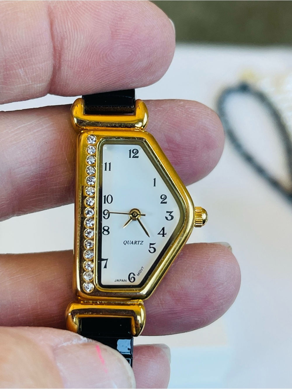 Gold-Tone Women's Quartz Watch with Crystal Accent and Black Strap